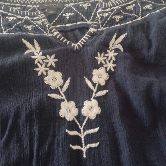 Talbots Women’s Large Embroidered Peasant Blouse Navy Blue Boho Top 3/4 Sleeve - Picture 4 of 8